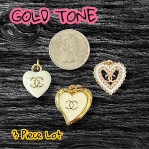 Lot of 3 White CC Heart Gold Tone Zipper Pull Button Charms